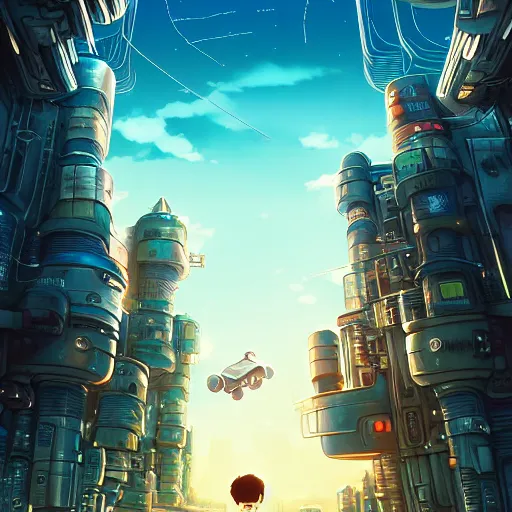 Prompt: film poster, novel cover art for a book, an adventurous boy and his small robot friend, futuristic city backgrond, eleborate composition with foreground and background, depth of field, fantasy illustration by tomoyuki yamasaki, kyoto studio, don bluth, madhouse, ufotable, square enix, cinematic lighting, trending on artstation