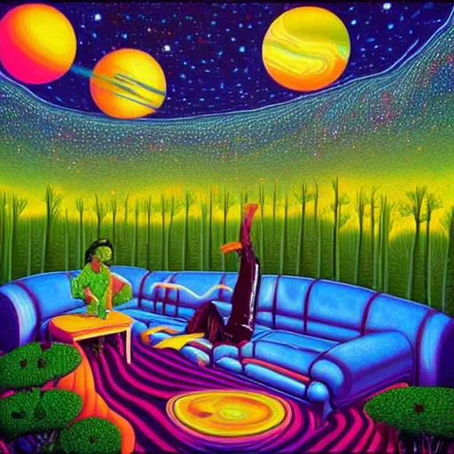 Image similar to psychedelic trippy couch pine forest, planets, milky way, sofa, cartoon by rob gonsalves