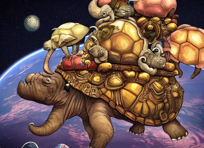 Prompt: discworld, flat earth on top of 4 elephants on top of a giant cosmic turtle flying through space, digital art, artstation, detailed