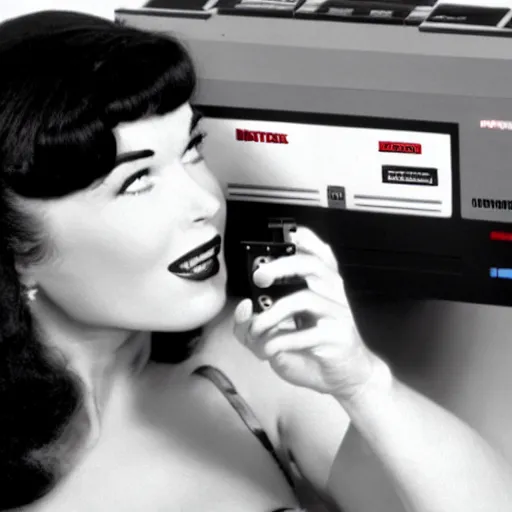 Image similar to a still of Bettie Page playing with a NES controller, in the movie Back to the Future, highly detailed and intricate, cinematic lighting, 4k HDR