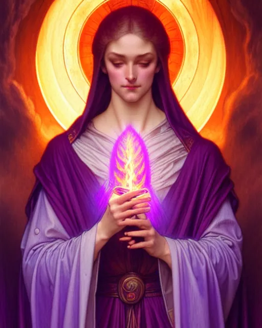 Image similar to saint germain holding a violet flame, fire that is violet colored, intricate, elegant, highly detailed, digital painting, artstation, concept art, smooth, sharp focus, illustration, art by artgerm and greg rutkowski and fra angelico and alphons mucha