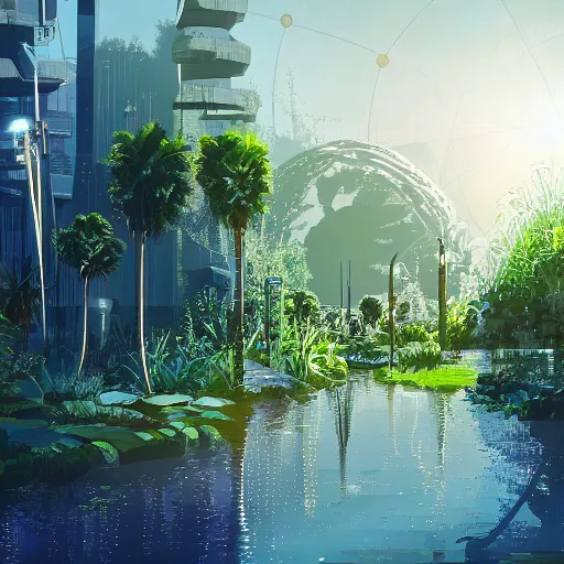 Image similar to beautiful happy picturesque charming futuristic sci - fi city in harmony with nature. water and plants. beautiful light. grainy and rough. soft colour scheme. beautiful artistic vector graphic design by lurid. ( 2 0 2 2 )