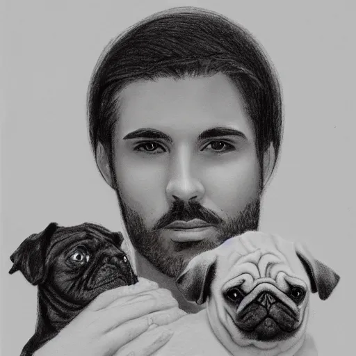 Image similar to self portrait, young white hispanic handsome man with short light brown hair and light skin and a 5 o clock shadow, holding a pug for a picture, pencil art, added detail, high definiton, colored, backfacing, illustrated