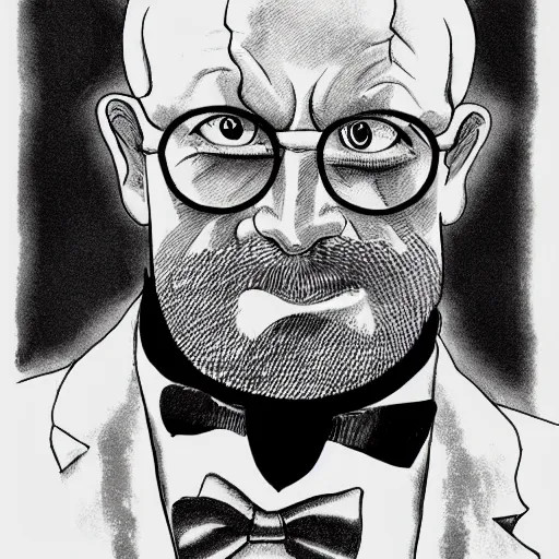 Prompt: a bald bearded burly man in a tuxedo, monocle, character portrait, ink drawing, black and white, concept art by tim bradstreet