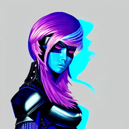 Image similar to a stunning upper body portrait of a beautiful young woman wearing futuristic navy blue and teal battle bodyarmor and pauldrons and ombre purple and pink hairstyle with hair blowing in the wind, by marvel comics, neon, highly detailed, fine detail, intricate, digital art, trending on artstation