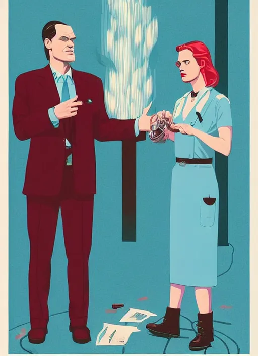 Image similar to Twin Peaks art, of Michael Shannon dressed as mechanic talking to Jennifer Connelly wearing light blue diner waitress dress, poster artwork by Tomer Hanuka and Kilian Eng, from scene from Twin Peaks, simple illustration, domestic, nostalgic, from scene from Twin Peaks, clean, New Yorker magazine cover