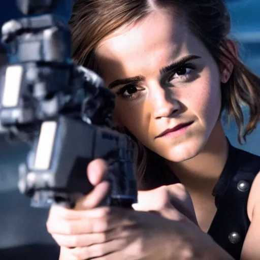 Image similar to Emma Watson as the Terminator, movie scene, XF IQ4, 50mm, F1.4, studio lighting, professional, 8K, Look at all that detail!, Dolby Vision, UHD