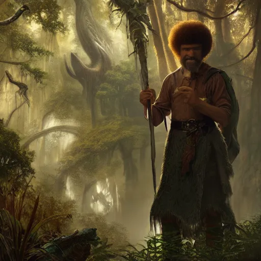 Prompt: an ultra detailed matte painting of bob ross dressed as a wandering elf druid, large alligator animal familiar!!! d & d, fantasy concept art by alphonse mucha and greg rutkowski, octane render, 8 k, detailed face