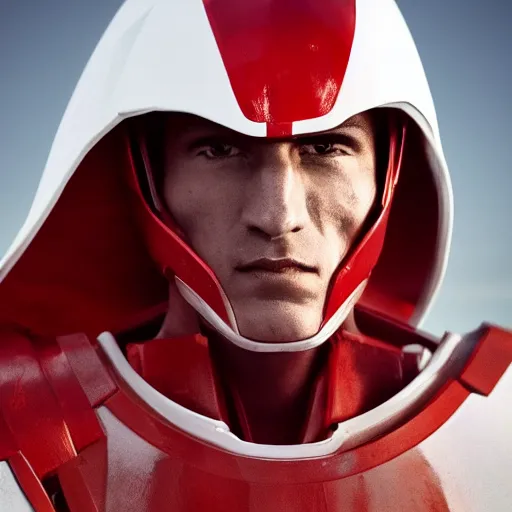 Image similar to headshot of a tall athletic muscular infantry man in glossy sleek white armor with tiny red details and a long red cape, heroic posture, strong jawline, on the surface of mars, night time, dramatic lighting, cinematic, sci-fi, hyperrealistic