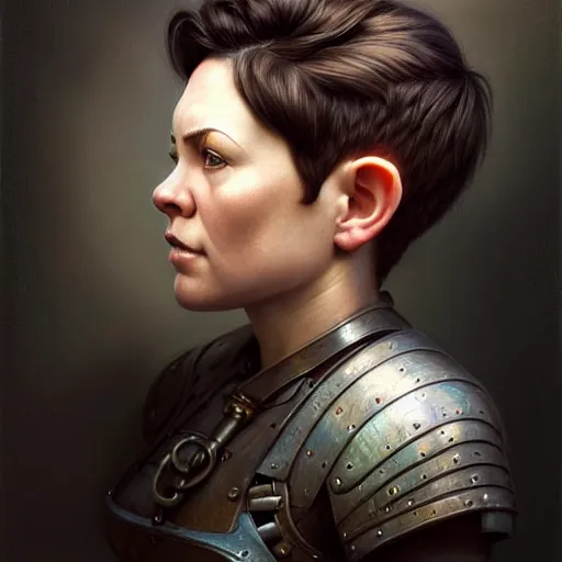 Image similar to portrait of a beautiful cute strong charming realistic female gnome engineer, short pixie undercut black hair, d & d, micro detail, intricate, elegant, highly detailed, centered, rule of thirds, artstation, sharp focus, illustration, artgerm, tomasz alen kopera, donato giancola, wlop