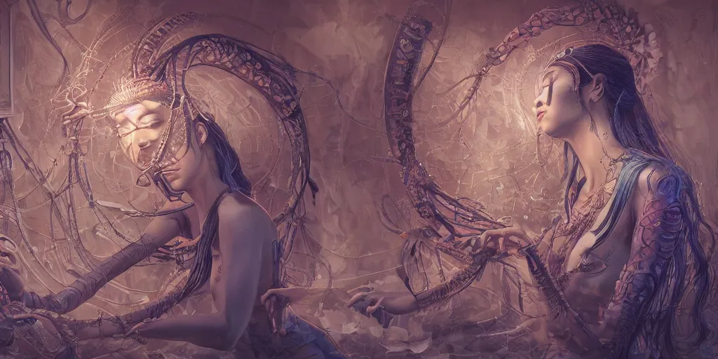 Image similar to hyperrealistic photography of a highly detailed and symmetrical gorgeous nepalese female demigorgon deconstructing a poetry machine in the style of Jin Kagetsu, James Jean and wlop, highly detailed, face symmetry, masterpiece, award-winning, sharp focus, intricate concept art, ambient lighting, 8k, artstation