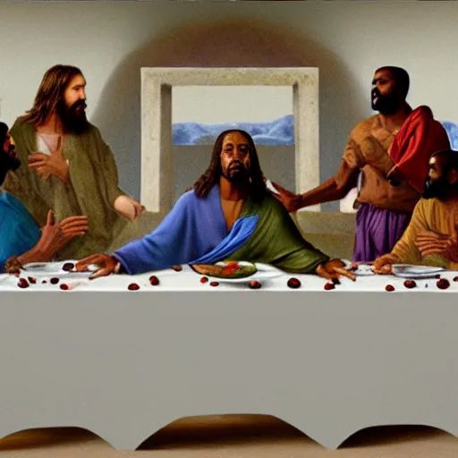 Image similar to kanye west replaces jesus christ in the last supper painting