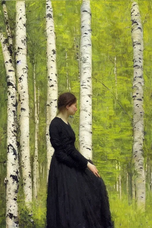 Image similar to “ italian woman, summer dress, standing between birch trees in a dense forest, jeremy lipking, joseph todorovitch ”