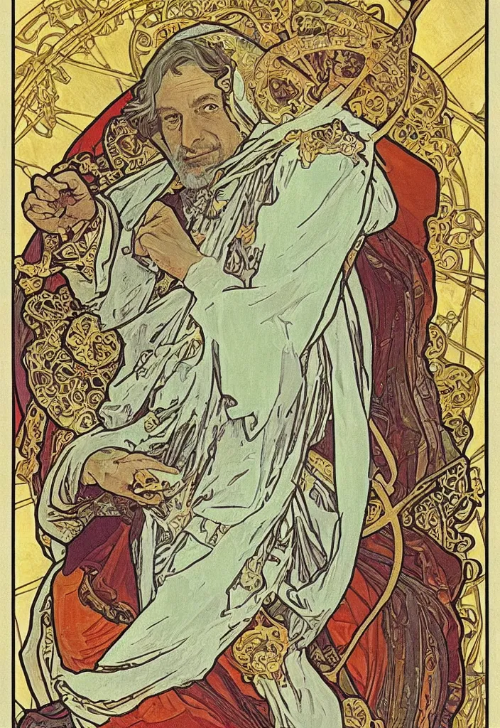 Image similar to geoffrey hinton as the emperor on a tarot card, tarot in art style by alphonse mucha