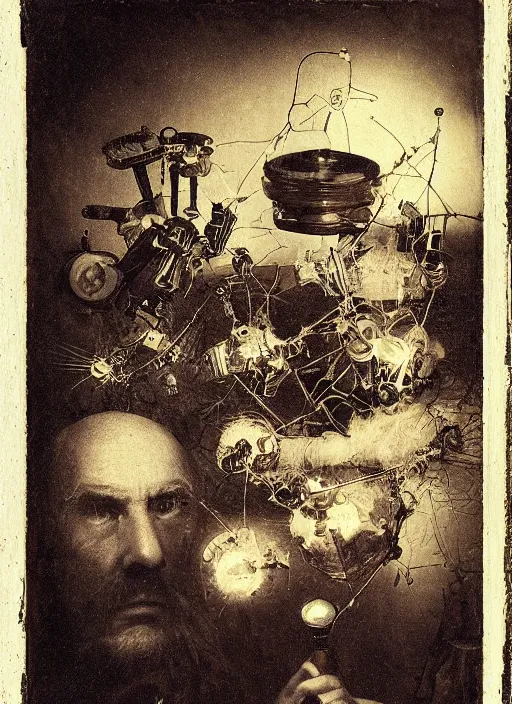 Image similar to old wetplate daguerreotype portrait of the birth of a genius inventor, explosion of data fragments, fractal, intricate, elegant, highly detailed, parallax, leica, medium format, subsurface scattering, by jheronimus bosch and greg rutkowski and louis jacques mande daguerre