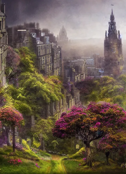 Image similar to a beautiful digital graphics design portrait of Edinburgh city. Edinburgh overgrown with plants, caledonian forest, matte painting, fantasy art, highly detailed