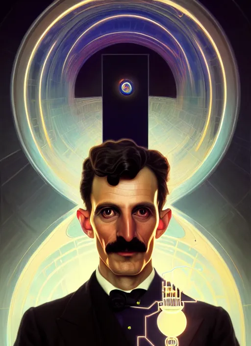 Image similar to symmetry!! portrait of nikola tesla male, chemisty, sci - fi, glowing lights!! intricate, elegant, highly detailed, digital painting, artstation, concept art, smooth, sharp focus, illustration, art by artgerm and greg rutkowski and alphonse mucha, 8 k