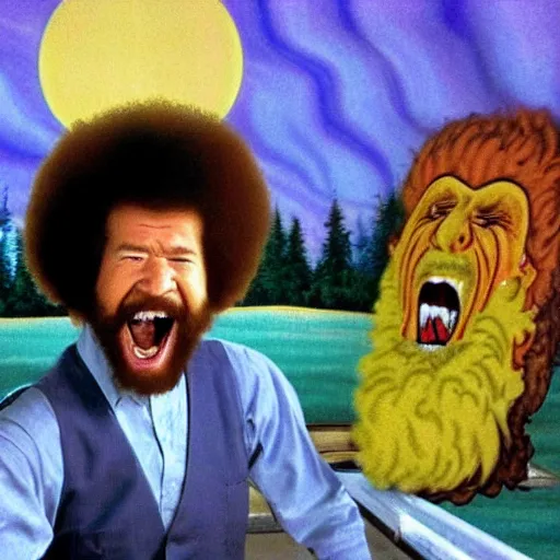 Prompt: bob ross screaming in back of pick up truck on bad acid trip