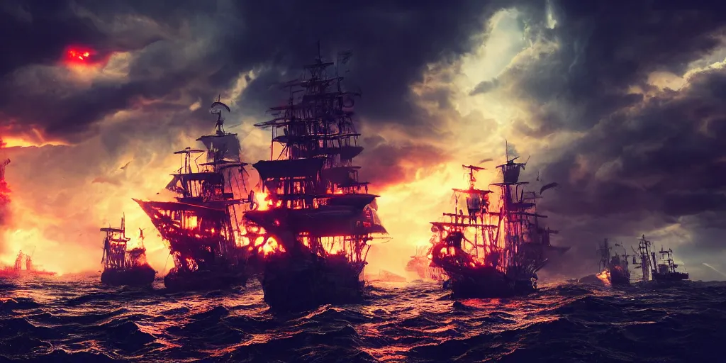 Prompt: pirate ships at war at night, a giant kraken attacking the ships, dramatic clouds, storm, smoke, fire, chaos, photo realistic, 8k, artstation, Blade runner, neon signs in the distance, dark, cinematic, high contrast, epic