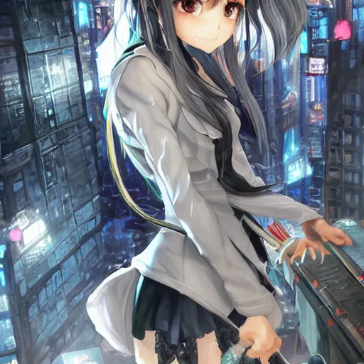 Image similar to dynamic composition, motion, ultra-detailed, incredibly detailed, a lot of details, amazing fine details and brush strokes, colorful and grayish palette, smooth, HD semirealistic anime CG concept art digital painting, watercolor oil painting of Clean and detailed post-cyberpunk sci-fi close-up schoolgirl wearing thigh highs and school uniform, in asian city in style of cytus and deemo, blue flame, relaxing, calm and mysterious vibes,, by a Chinese artist at ArtStation, by Huang Guangjian, Fenghua Zhong, Ruan Jia, Xin Jin and Wei Chang. Realistic artwork of a Chinese videogame, gradients, gentle an harmonic grayish colors. set in half-life 2, Matrix, GITS, Blade Runner, Neotokyo Source, Syndicate(2012), dynamic composition, beautiful with eerie vibes, very inspirational, very stylish, with gradients, surrealistic, dystopia, postapocalyptic vibes, depth of field, mist, rich cinematic atmosphere, perfect digital art, mystical journey in strange world