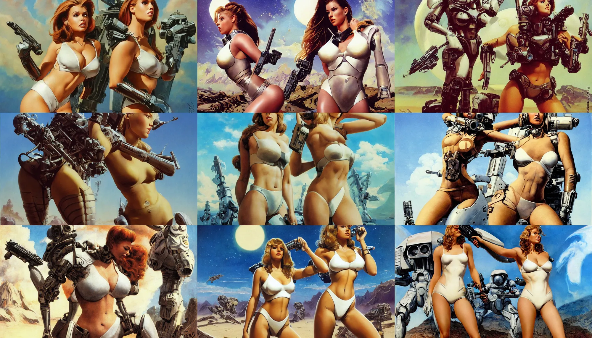 Image similar to A mixed media portrait painting of a very beautiful light-brown-haired woman on an alien planet, very curvy, aesthetic! high-waisted white-bikini-armor and boots, cybernetics, starship-troopers-rifle, aesthetic symmetrical face and eyes, model, wet, pacific-rim-mech in background, by Frank Frazetta, Boris Vallejo, Beeple, Greg Rutkowski, Christian MacNevin, eighties pinup style, epic fantasy character art, high fantasy, CGsociety, exquisite detail, post-processing, masterpiece, cinematic