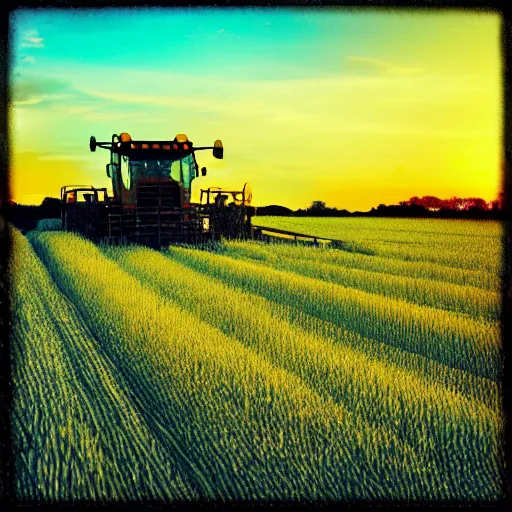 Image similar to “combine harvester in yellow field during sunset, digital art, 8k, cinematic, elegant”