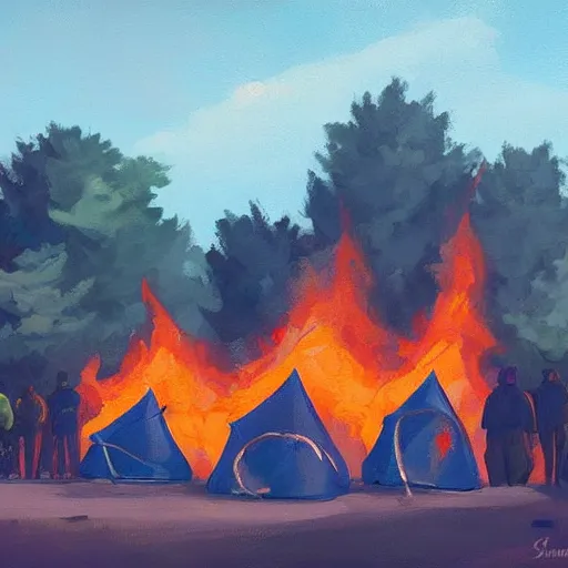 Image similar to a camp with tents on fire, burning down, shadows of girls watching the camp burn, painted by Sylvain Sarrailh