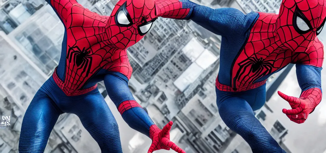 Image similar to Gigachad as Spider-Man, film still, wide-shot, full shot, cinematic lens, heroic portrait