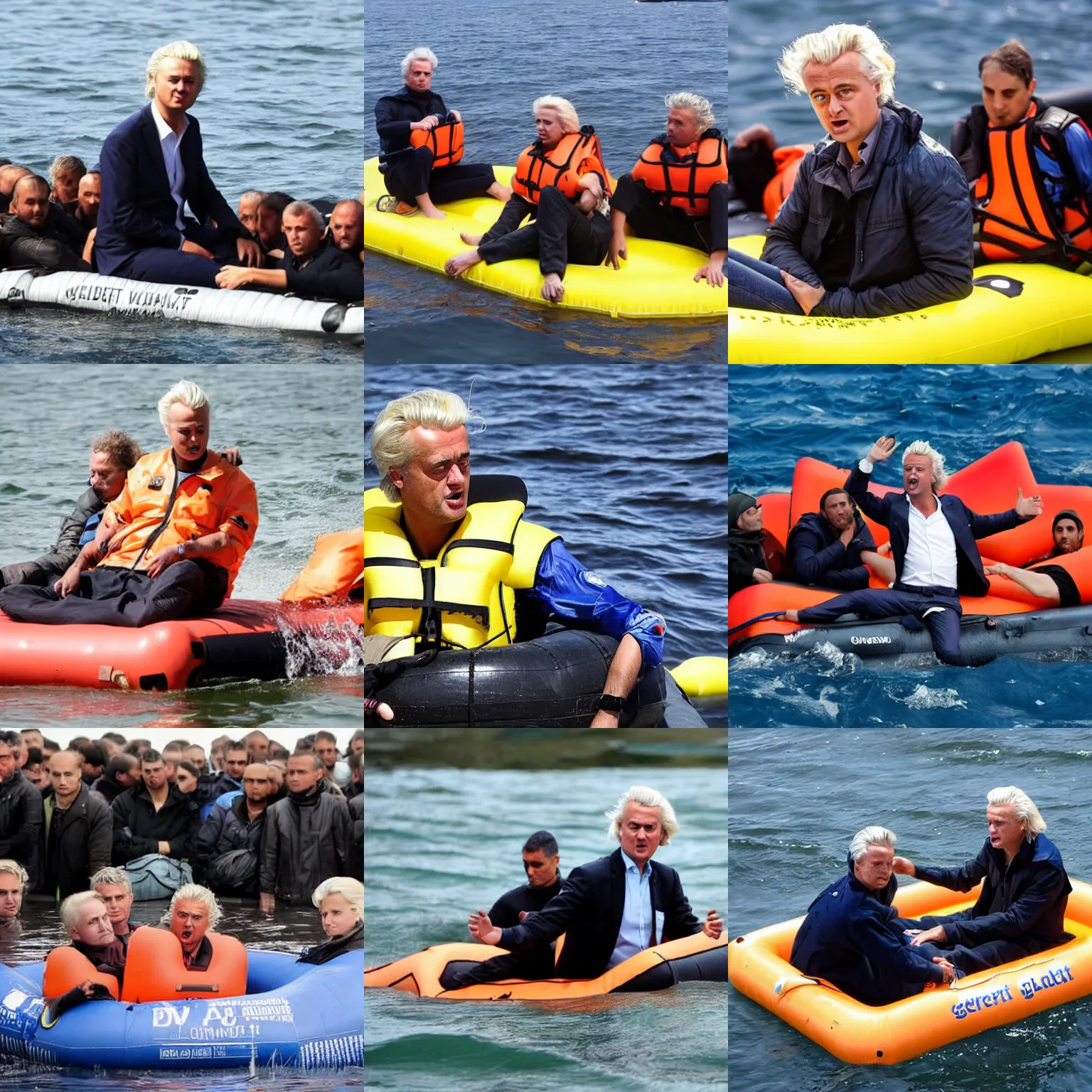 Prompt: geert wilders on a refugee raft