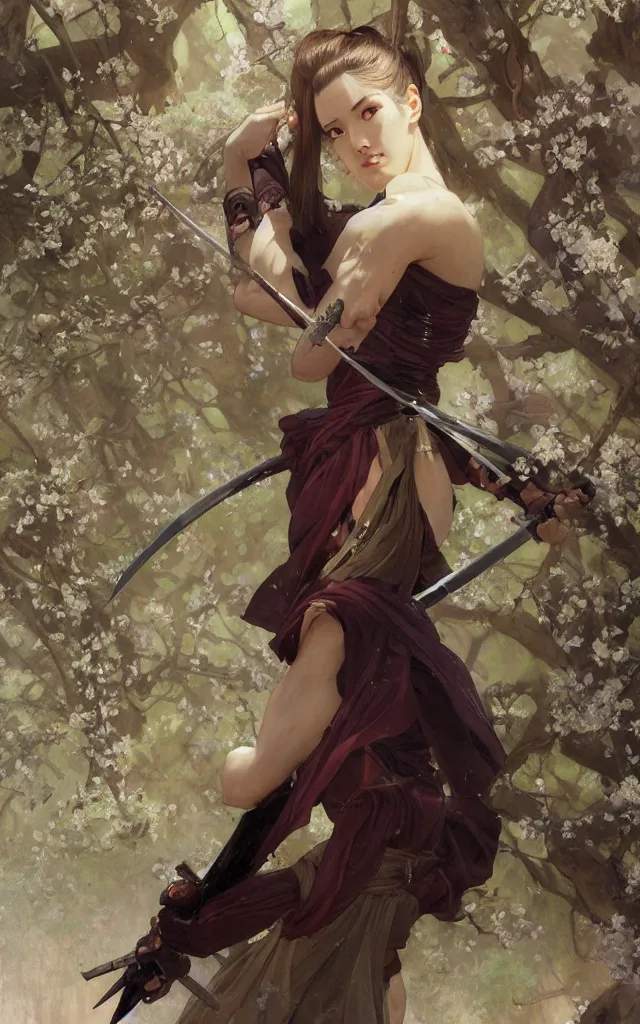 Prompt: modern elegant female ninja samurai, with large sword, feminine, powerful, beautiful, upper body, muscular arms and abdominals, full body, wide leg hakama trousers, highly detailed, digital painting, sakura tree petals, concept art, smooth, sharp focus, illustration, by gaston bussiere, mucha, gerome, craig mullins, greg rutkowski,