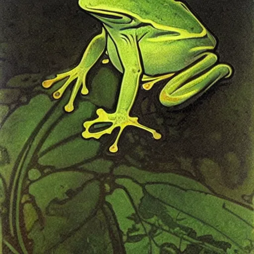 Image similar to frog, green, pond, portrait by Alphonse Mucha