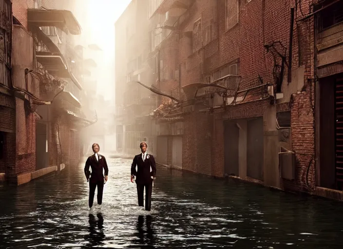 Prompt: a very high resolution image from a new movie, two deer wearing suits, in a narrow chinese alley, surrounded by water vapor, beatiful backgrounds, dramatic lighting, directed by wes anderson