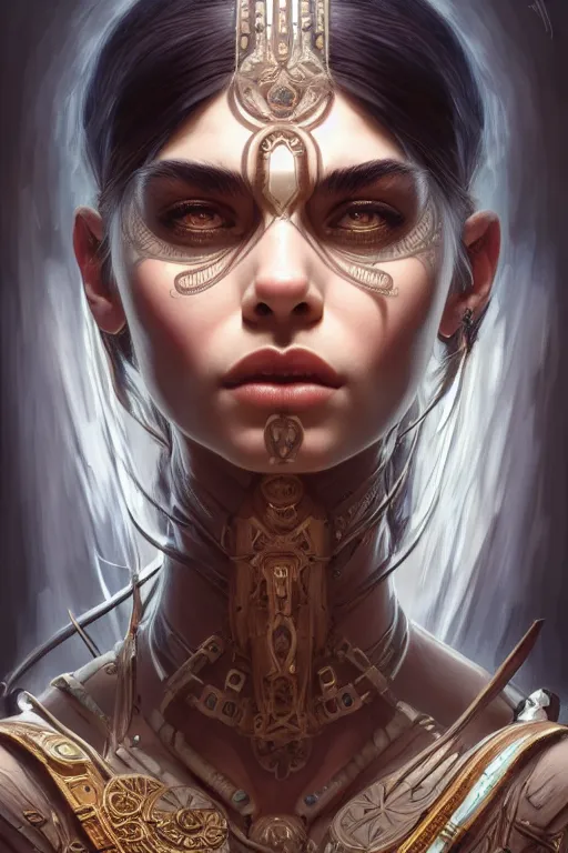 Image similar to symmetry!! portrait of madison beer in the style of god of war, machine parts embedded into face, intricate, elegant, highly detailed, digital painting, artstation, concept art, smooth, sharp focus, illustration, art by artgerm and greg rutkowski and alphonse mucha, 8 k