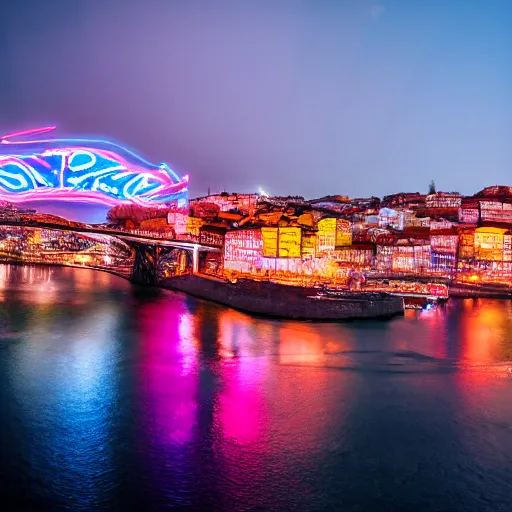 Image similar to cinematic shot of the city of Porto Portugal, with neon lights and flying cars