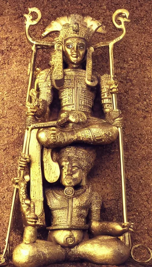 Image similar to the emperor, ram horns sprouting from his head, golden taurus, mars energy, ankh, wisdom, full body shot, sitting on a stone throne