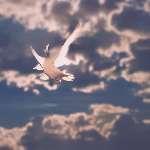 Prompt: close - up realistic shot radiant white dove flying over clouds sunset ethereal vintage photograph film grain surreal awe - inspiring