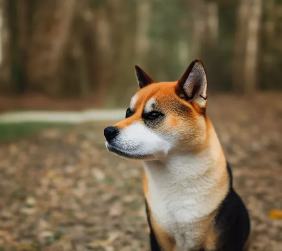 Image similar to a portrait of shiba inu with a mushroom cap growing on its head. intricate. lifelike. soft light. sony a 7 r iv 5 5 mm. cinematic post - processing
