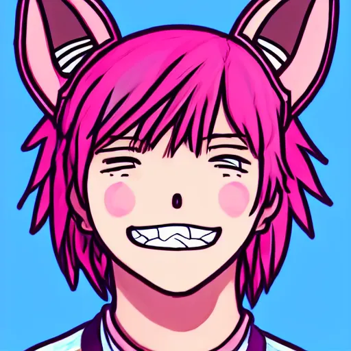 Image similar to a highly detailed portrait drawing of a cute anime teen boy with pink hair and pink wolf ears, smiling, collar, artstation, fantasy