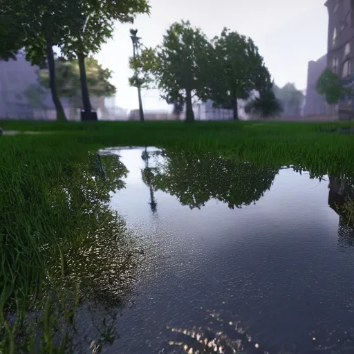 Image similar to puddle on the ground, unreal engine 5, raytracing, reflections seen in water, detailed photo