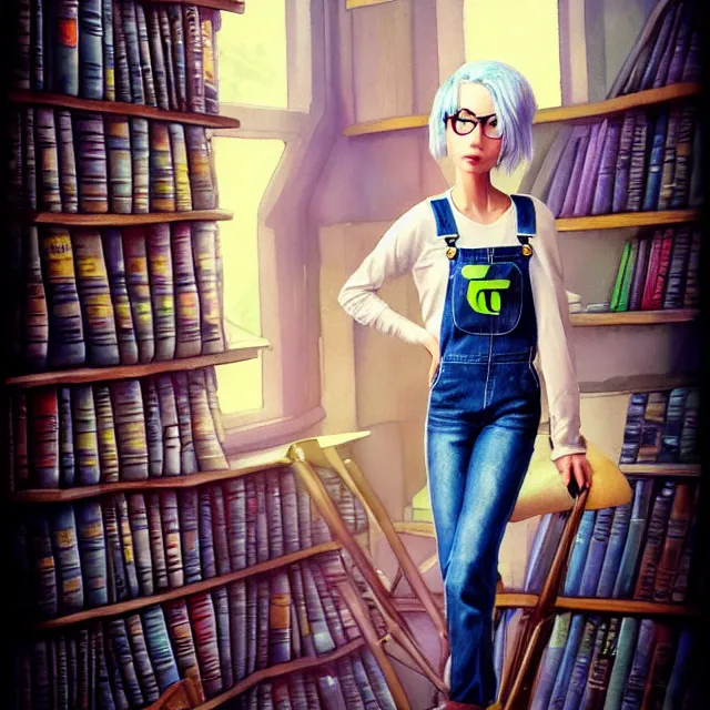 Image similar to full body pose, beautiful adult book fairy, pixar, short white hair shaved sides, dirty, grungy, grunge, long sleeve, painted overalls, stacks of giant books, highly detailed, 4 k, hdr, smooth, sharp focus, high resolution, award - winning photo, artgerm, photorealistic