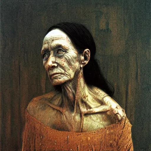 Prompt: portrait of 300 years old girl, painting by Beksinski