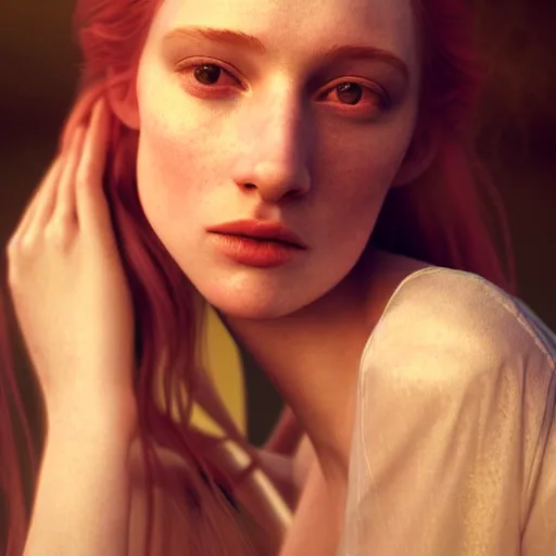 Image similar to photographic portrait of a stunningly beautiful english renaissance female in soft dreamy light at sunset, beside the river, soft focus, contemporary fashion shoot, in a denis villeneuve and tim burton movie, by edward robert hughes, annie leibovitz and steve mccurry, david lazar, jimmy nelsson, extremely detailed, breathtaking, hyperrealistic, perfect face, octane render