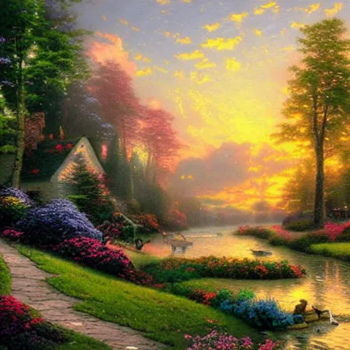 Prompt: an amazing painting by Thomas kinkade, landscape