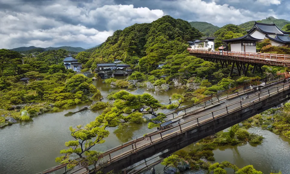 Image similar to kyoto animation still of confusion and fear, bridge, rural landscape, wide shot, dynamic lighting, vivid colors, high detail, award winning