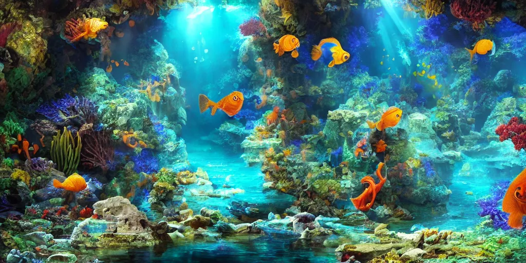 Prompt: beautiful underwater scene. an ancient ship sunk in the abyss very shiny water. colorful fish. seahorse. goldfish. coral, water flowers. beautiful lighting, 4 k post - processing, highly detailed, 5 k extremely detailed, 3 d. sun is highlighting the bubbles. render in octane and cryengine. painterly detailed matte painting, by albert bierstadt