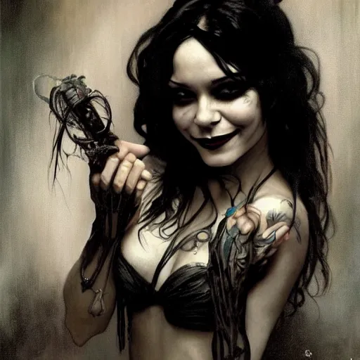 Image similar to beautiful portrait of vanessa hudgens as death from sandman, smiling, by cedric peyravernay, alphonse mucha, by jeremy mann, by lecouffe deharme, goth chic, soft lightning, eyeliner, punk rock, high detailed, 8 k