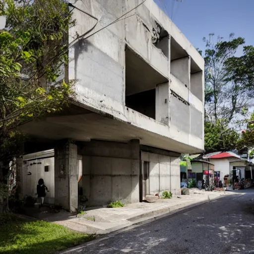 Image similar to exterior shot of a brutalist concrete house in the middle of a busy asian market