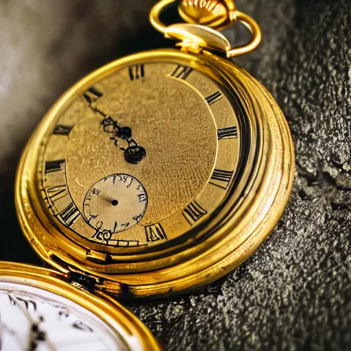 Prompt: a macro photo of a golden pocket watch