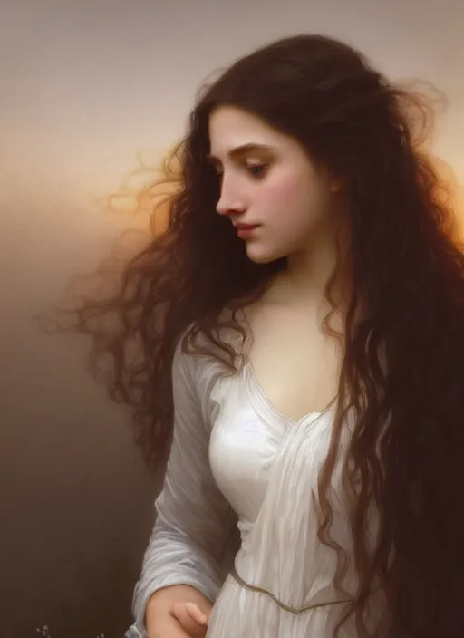 Prompt: oil painting close up portrait of a young woman with long dark flowing hair in a black dress, surrounded by white lilies!! at sunset, hazy, digital art, chiaroscuro, artstation, cinematic, golden hour, digital art painting by greg rutkowski, william - adolphe bouguereau, hazy atmosphere, cinematic lighting