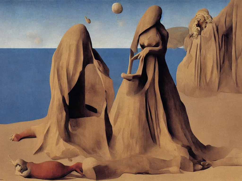 Image similar to Hermit living under the giant dress of a woman, making surreal sculptures in the sand. Still life with teeth. Zurbaran, Rene Magritte, Jean Delville, Max Ernst, Roger Dean